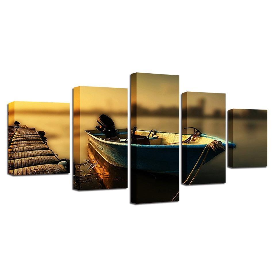 Boat at the Dock 5 Piece HD Multi Panel Canvas Wall Art Frame-Original Frame