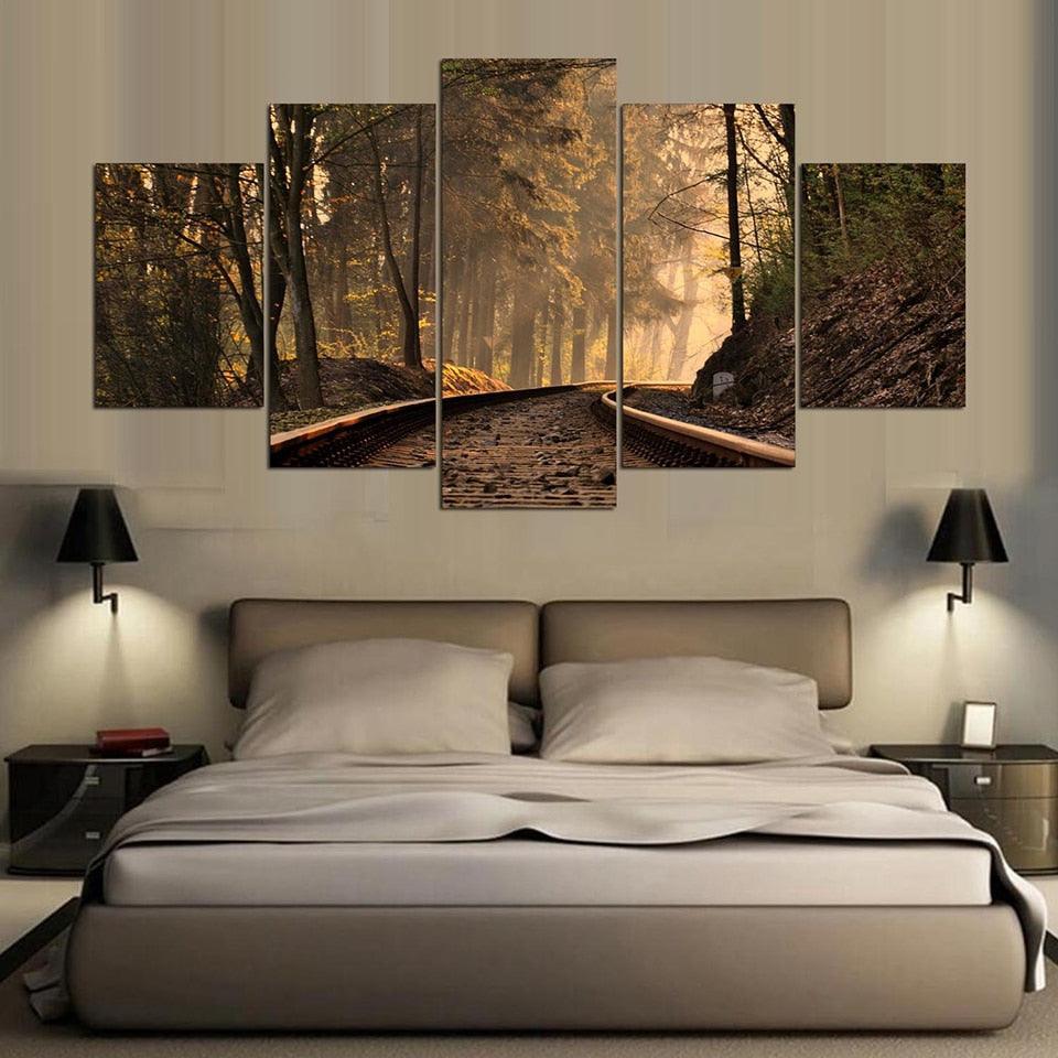 Train Track Forest Scenery 5 Piece HD Multi Panel Canvas Wall Art Frame-Original Frame