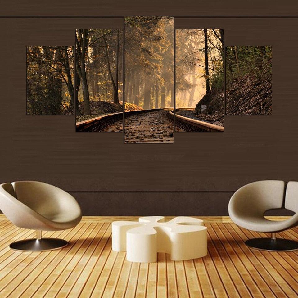 Train Track Forest Scenery 5 Piece HD Multi Panel Canvas Wall Art Frame-Original Frame