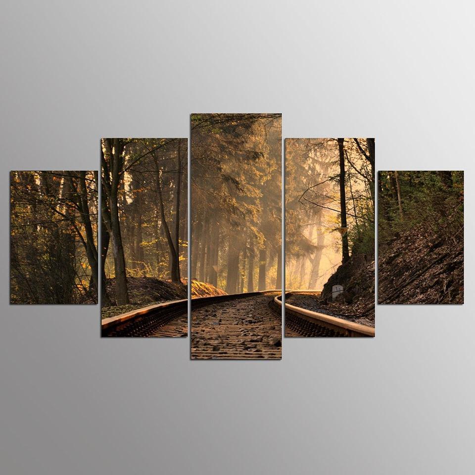 Train Track Forest Scenery 5 Piece HD Multi Panel Canvas Wall Art Frame-Original Frame