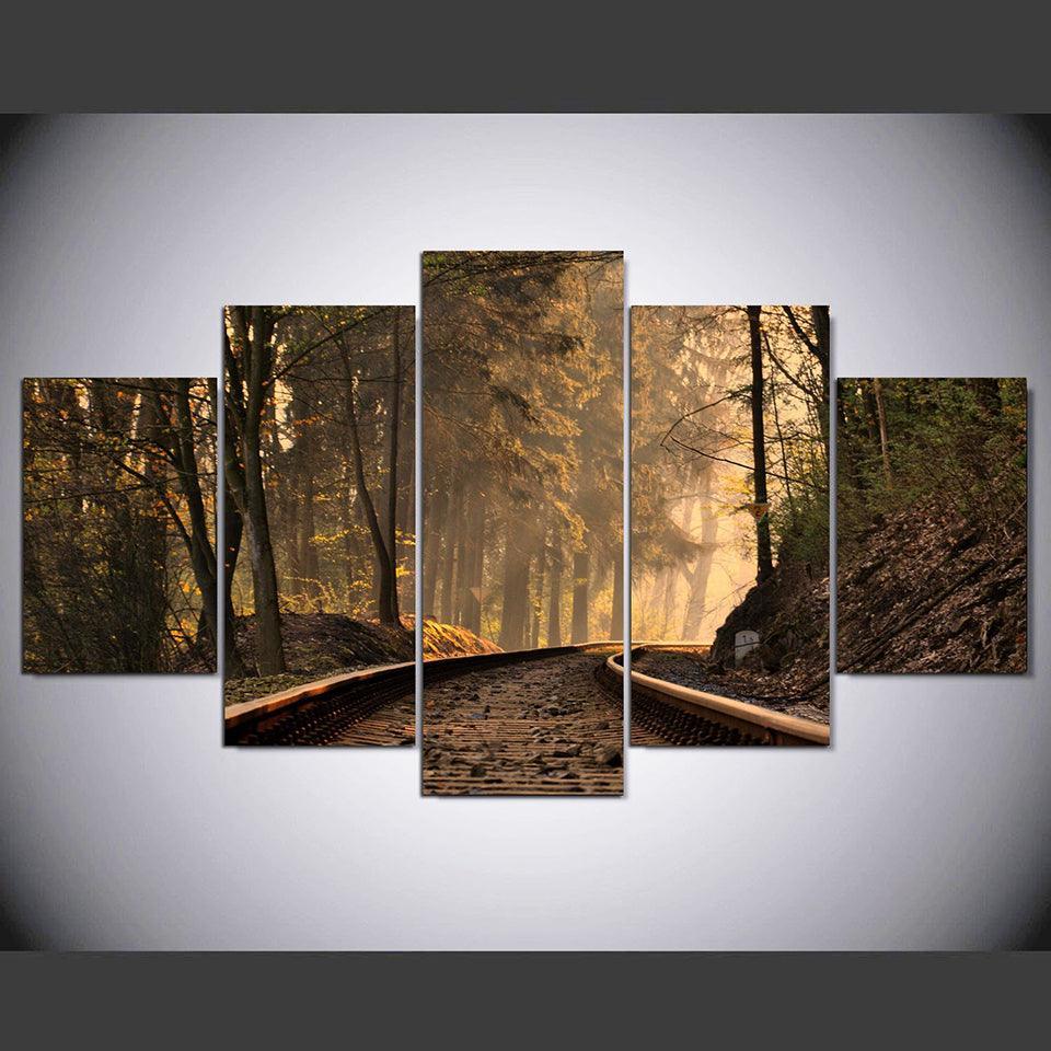 Train Track Forest Scenery 5 Piece HD Multi Panel Canvas Wall Art Frame-Original Frame