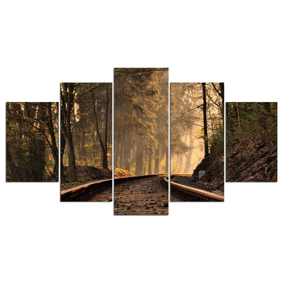 Train Track Forest Scenery 5 Piece HD Multi Panel Canvas Wall Art Frame-Original Frame