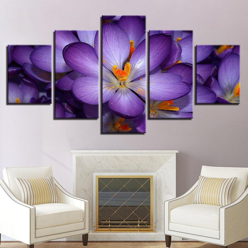 Purple Flowers 5 Piece HD Multi Panel Canvas Wall Art-Original Frame