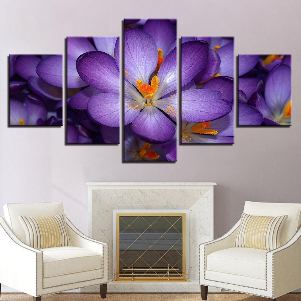 Purple Flowers 5 Piece HD Multi Panel Canvas Wall Art-Original Frame