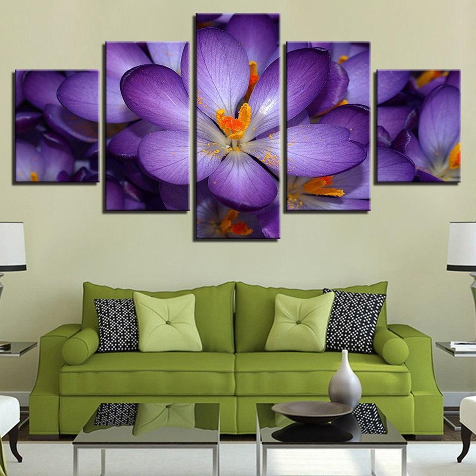 Purple Flowers 5 Piece HD Multi Panel Canvas Wall Art-Original Frame