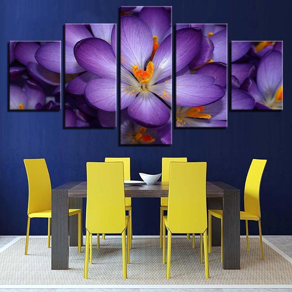 Purple Flowers 5 Piece HD Multi Panel Canvas Wall Art-Original Frame