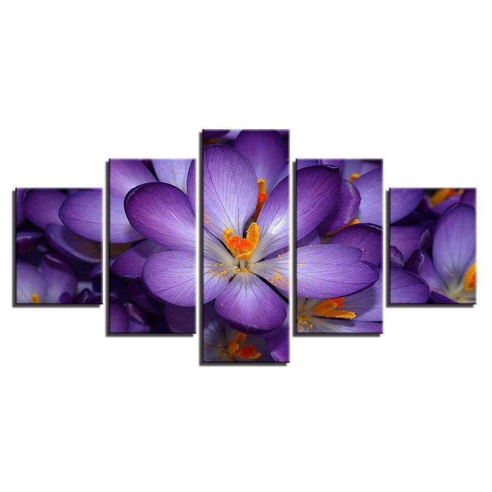 Purple Flowers 5 Piece HD Multi Panel Canvas Wall Art-Original Frame