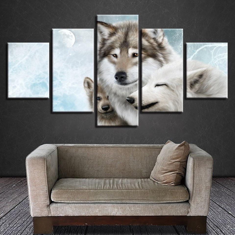 Wolf Family 5 Piece HD Multi Panel Canvas Wall Art Frame-Original Frame