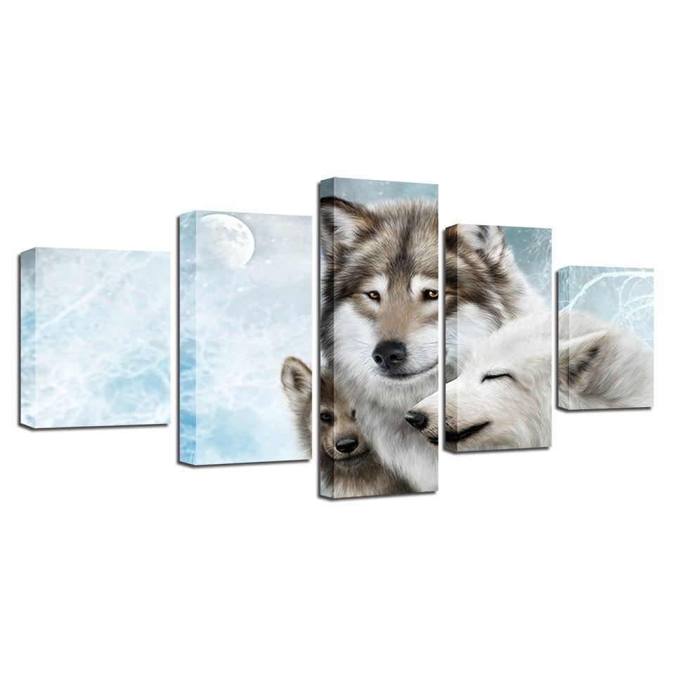 Wolf Family 5 Piece HD Multi Panel Canvas Wall Art Frame-Original Frame