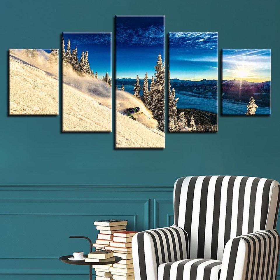 Snow Mountain Skiing 5 Piece HD Multi Panel Canvas Wall Art Frame-Original Frame