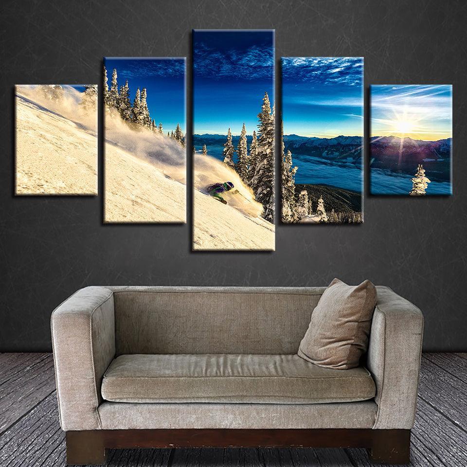 Snow Mountain Skiing 5 Piece HD Multi Panel Canvas Wall Art Frame-Original Frame