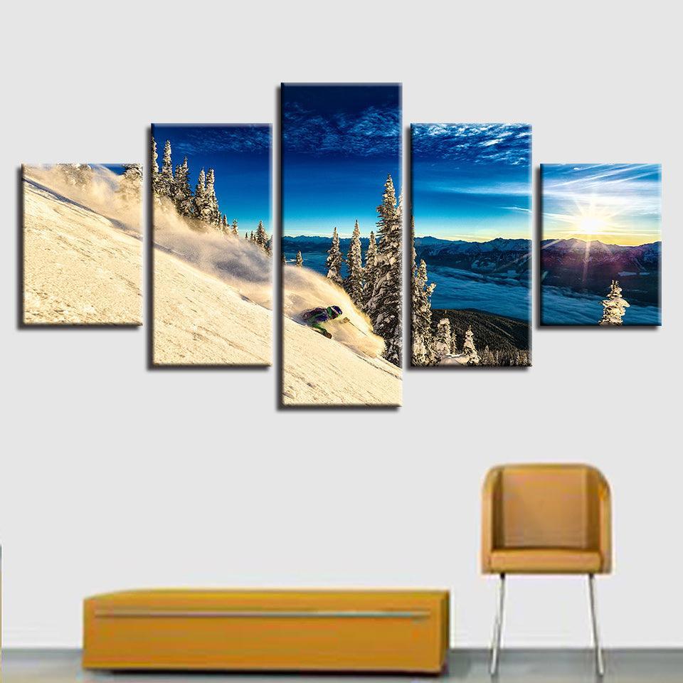 Snow Mountain Skiing 5 Piece HD Multi Panel Canvas Wall Art Frame-Original Frame