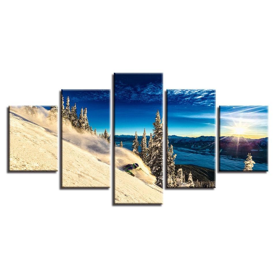 Snow Mountain Skiing 5 Piece HD Multi Panel Canvas Wall Art Frame-Original Frame