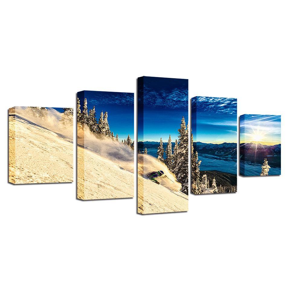 Snow Mountain Skiing 5 Piece HD Multi Panel Canvas Wall Art Frame-Original Frame