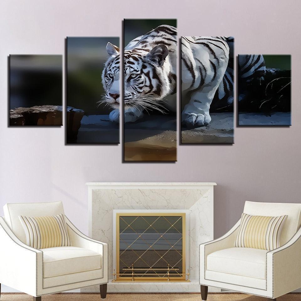 White Tiger 5 Piece HD Multi Panel Canvas Wall Art Frame-Original Frame