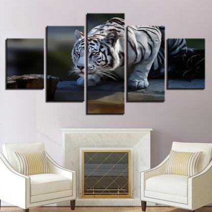 White Tiger 5 Piece HD Multi Panel Canvas Wall Art Frame-Original Frame