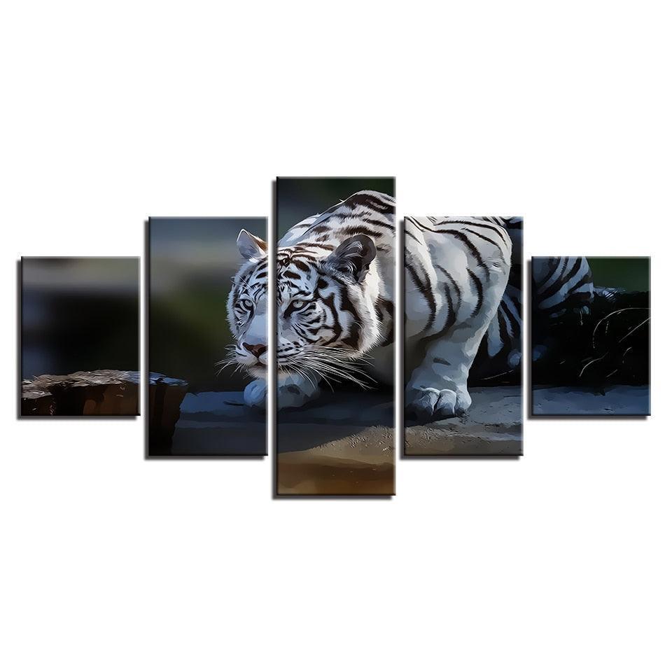 White Tiger 5 Piece HD Multi Panel Canvas Wall Art Frame-Original Frame