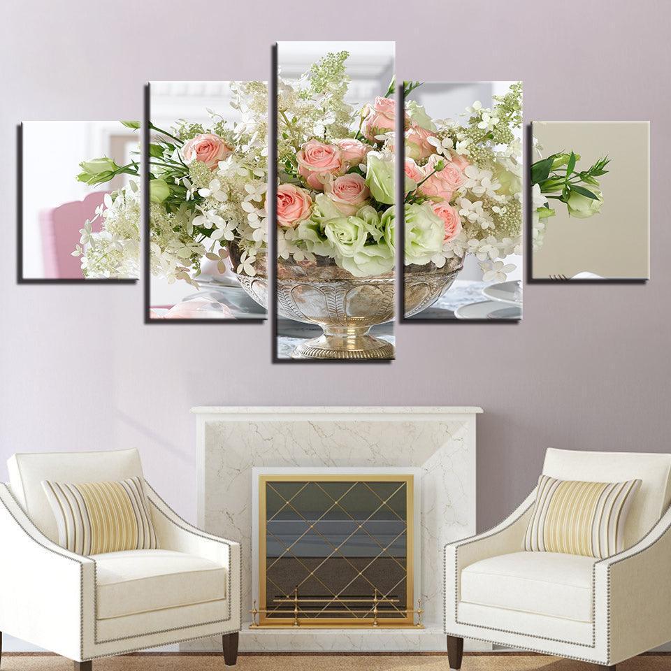 White Pink Flowers Bouquet 5 Piece HD Multi Panel Canvas Wall Art Frame-Original Frame