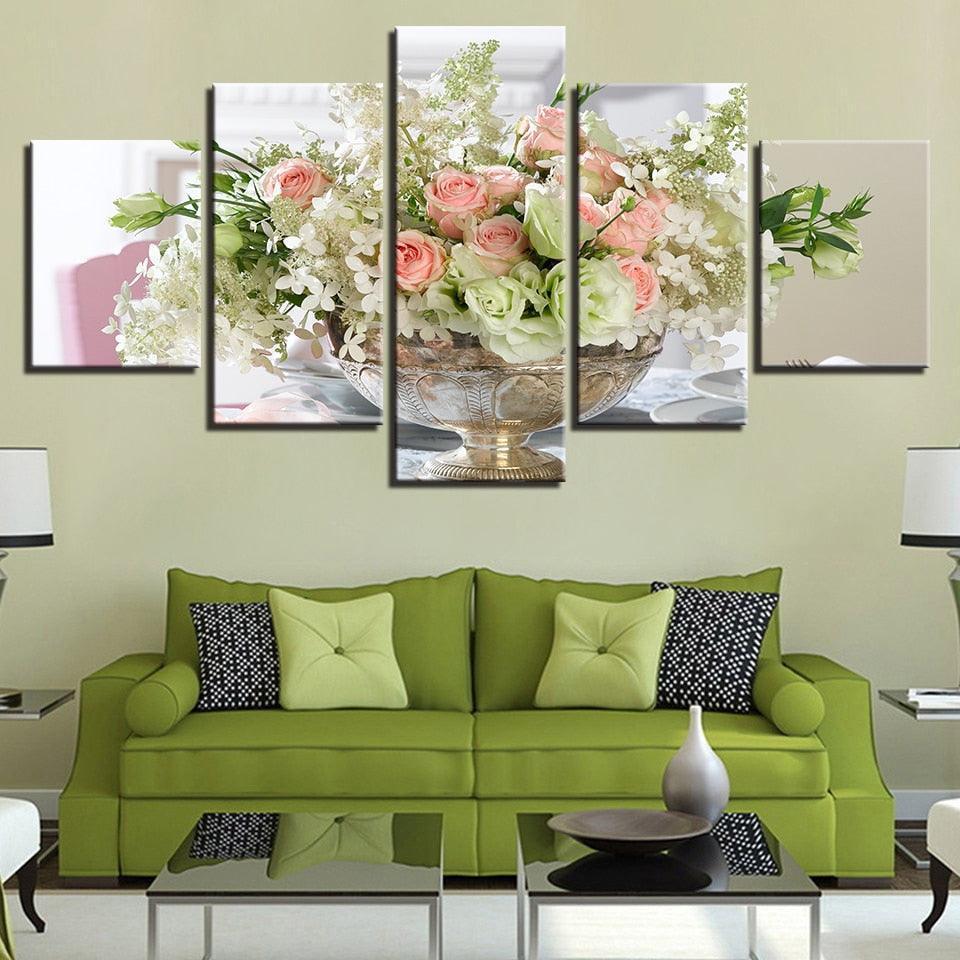 White Pink Flowers Bouquet 5 Piece HD Multi Panel Canvas Wall Art Frame-Original Frame