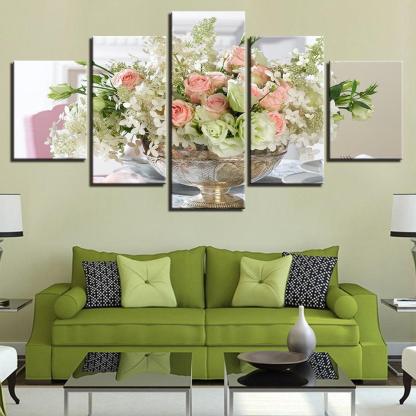 White Pink Flowers Bouquet 5 Piece HD Multi Panel Canvas Wall Art Frame-Original Frame