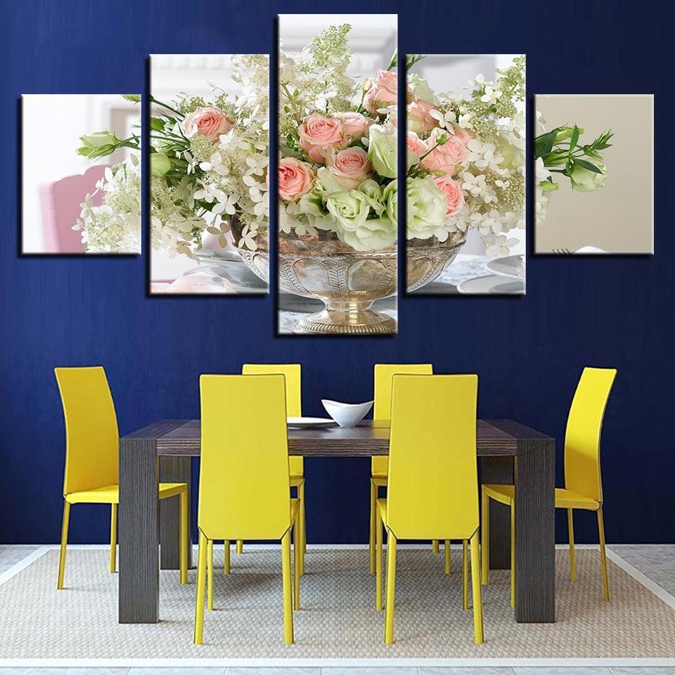 White Pink Flowers Bouquet 5 Piece HD Multi Panel Canvas Wall Art Frame-Original Frame