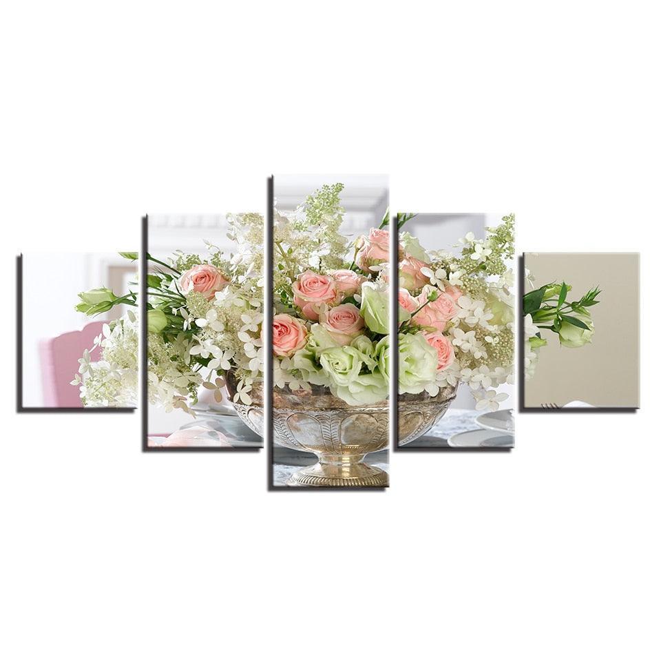 White Pink Flowers Bouquet 5 Piece HD Multi Panel Canvas Wall Art Frame-Original Frame