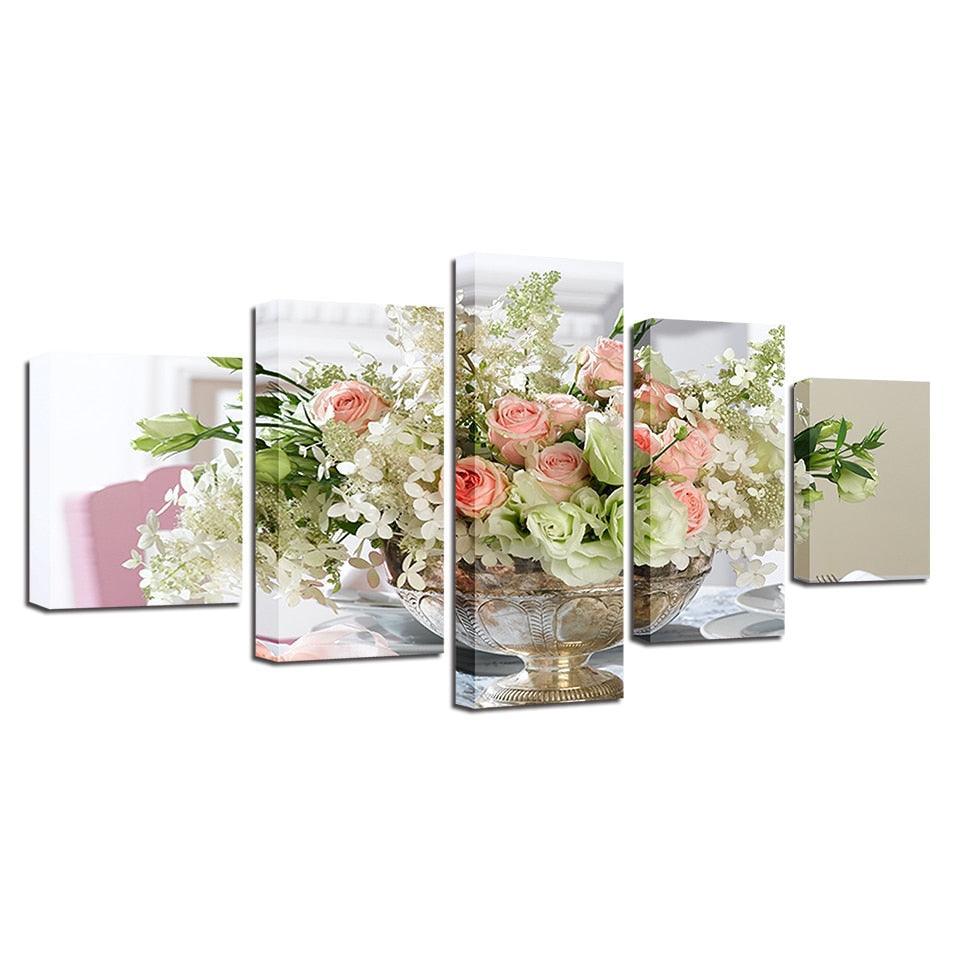 White Pink Flowers Bouquet 5 Piece HD Multi Panel Canvas Wall Art Frame-Original Frame
