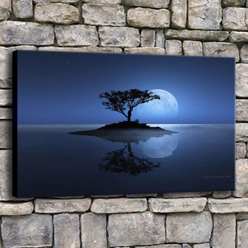 Lone Tree With Full Moon 1 Piece HD Multi Panel Canvas Wall Art Frame-Original Frame