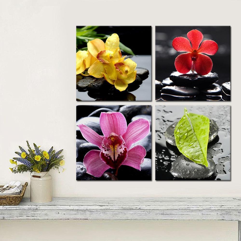 Four Flowers 4 Piece HD Multi Panel Canvas Wall Art Frame-Original Frame