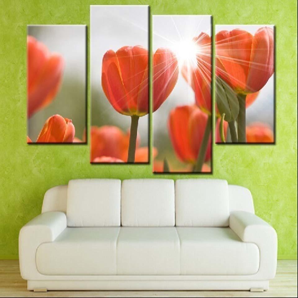Sunlit Tulips 4 Piece HD Multi Panel Canvas Wall Art Frame-Original Frame