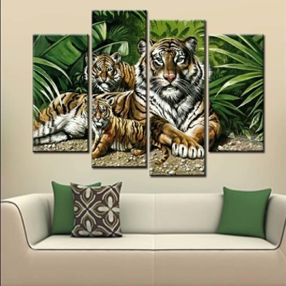 Tigers Family 4 Piece HD Multi Panel Canvas Wall Art Frame-Original Frame