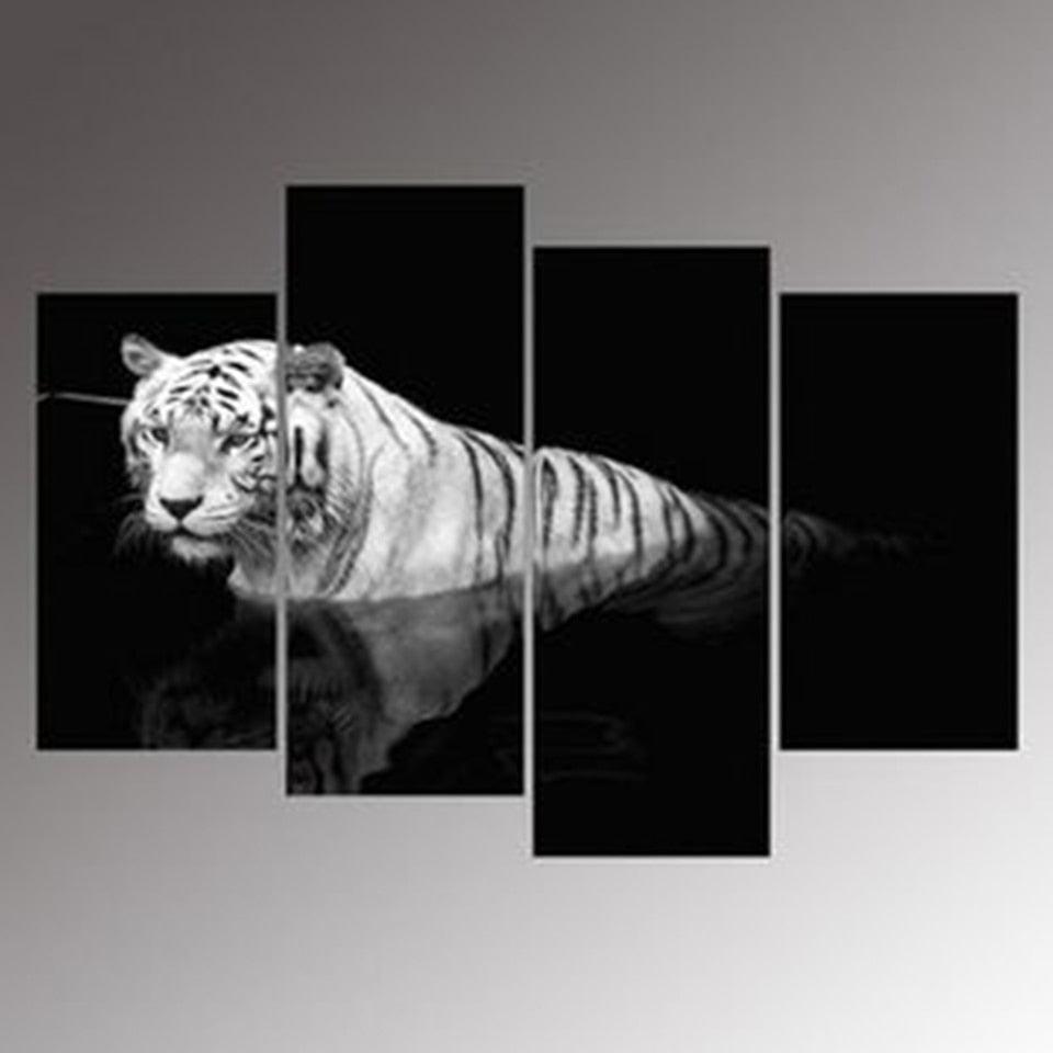 White Tiger in River 4 Piece HD Multi Panel Canvas Wall Art Frame-Original Frame