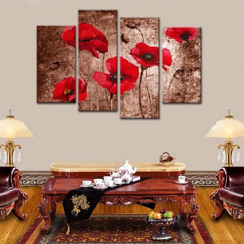 Poppy Flowers 4 Piece HD Multi Panel Canvas Wall Art Frame-Original Frame