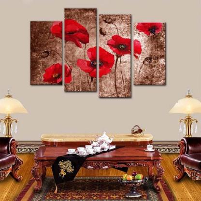 Poppy Flowers 4 Piece HD Multi Panel Canvas Wall Art Frame-Original Frame