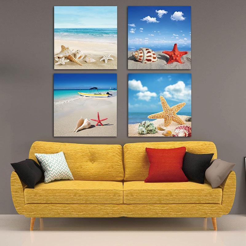 Starfish Conch Shell 4 Piece HD Multi Panel Canvas Wall Art Frame-Original Frame