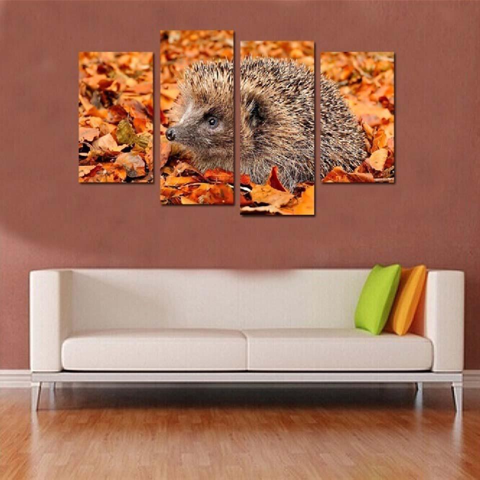 Hedgehog On The Fallen Leaves 4 Piece HD Multi Panel Canvas Wall Art Frame-Original Frame