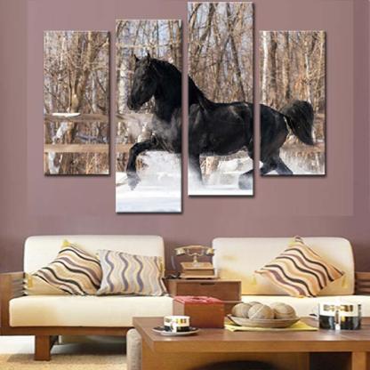 Running Black Horse 4 Piece HD Multi Panel Canvas Wall Art Frame-Original Frame