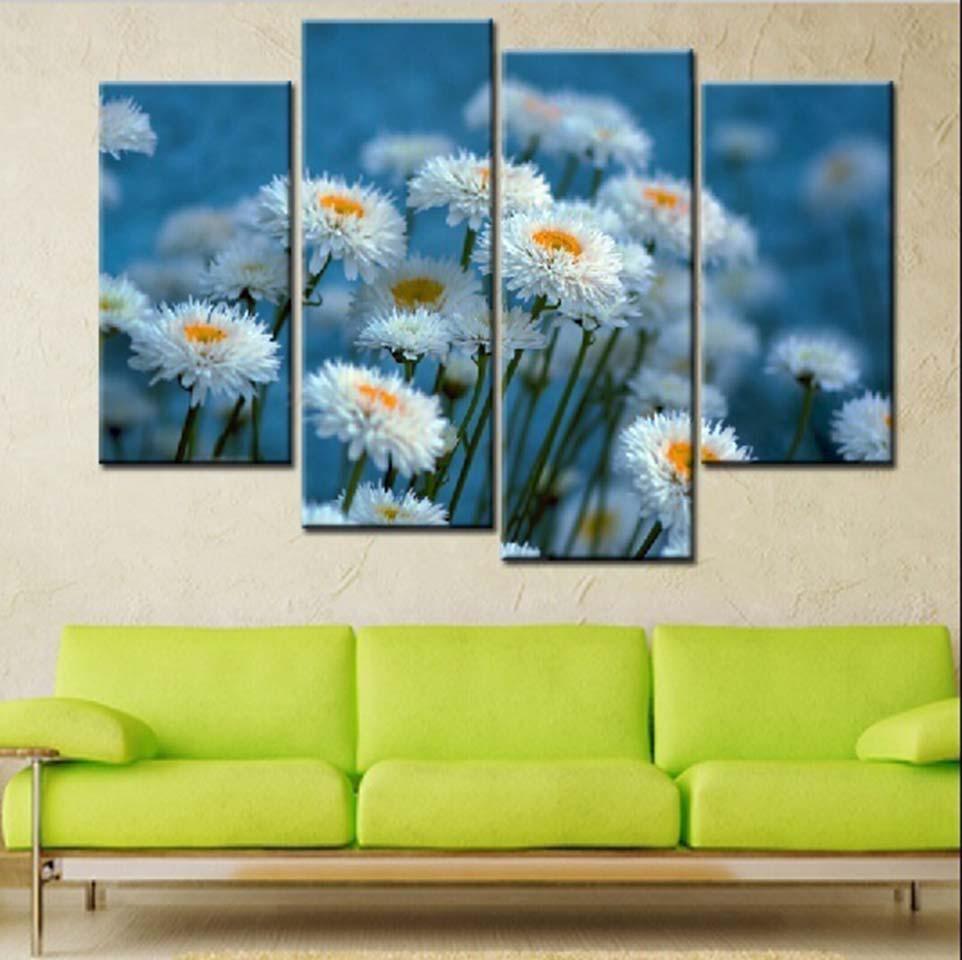 White Daisy Flowers 4 Piece HD Multi Panel Canvas Wall Art Frame-Original Frame