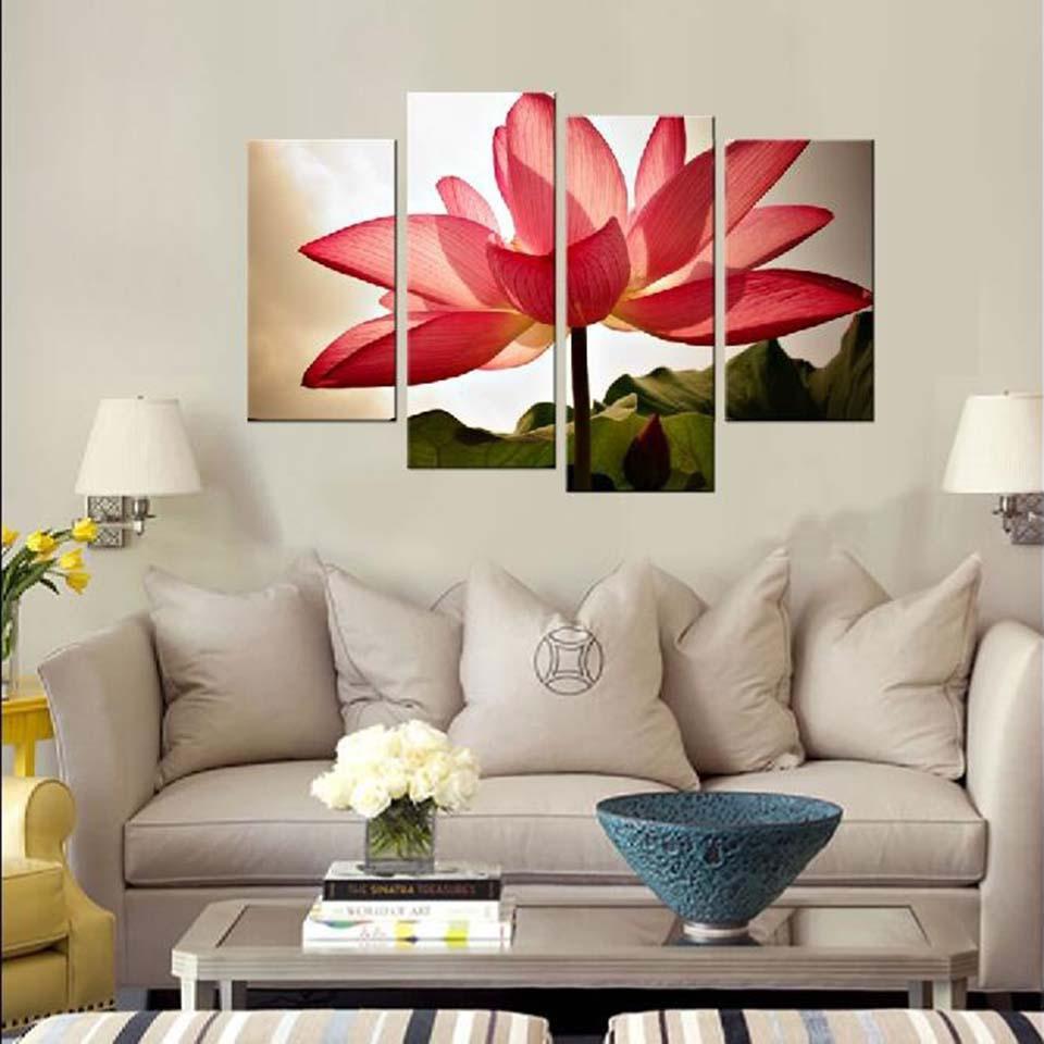 Pink Lotus Flower 4 Piece HD Multi Panel Canvas Wall Art Frame-Original Frame