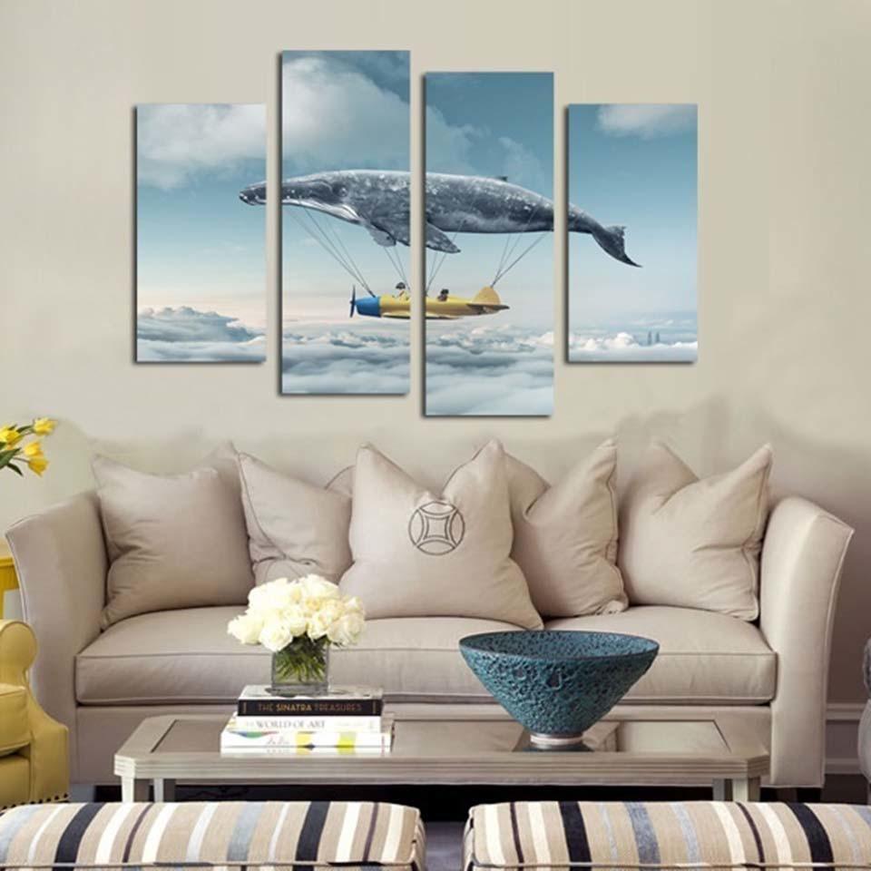 Whale Hot Air Balloon 4 Piece HD Multi Panel Canvas Wall Art Frame-Original Frame