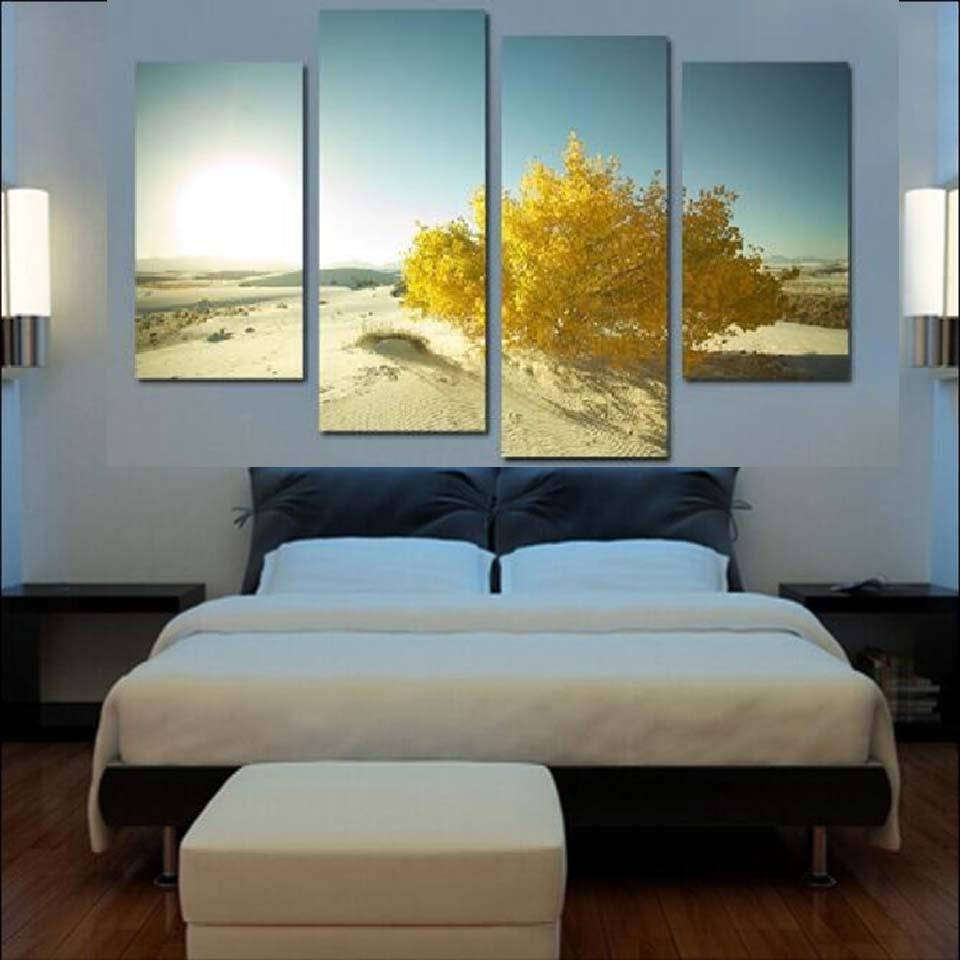 Yellow Tree In Desert 4 Piece HD Multi Panel Canvas Wall Art Frame-Original Frame