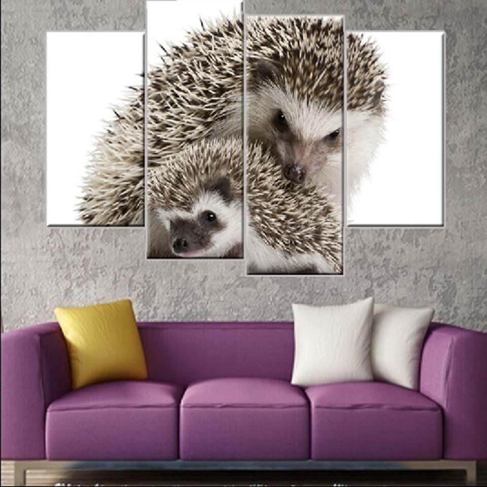 Hedgehog Family 4 Piece HD Multi Panel Canvas Wall Art Frame-Original Frame