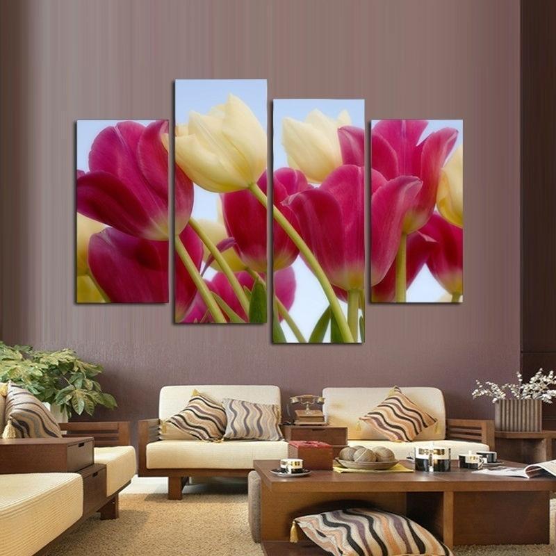 White Pink Tulips Flowers 4 Piece HD Multi Panel Canvas Wall Art Frame-Original Frame