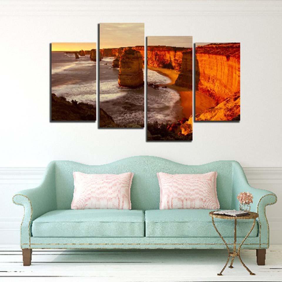 Sunset Sea Tide Rock 4 Piece HD Multi Panel Canvas Wall Art Frame-Original Frame