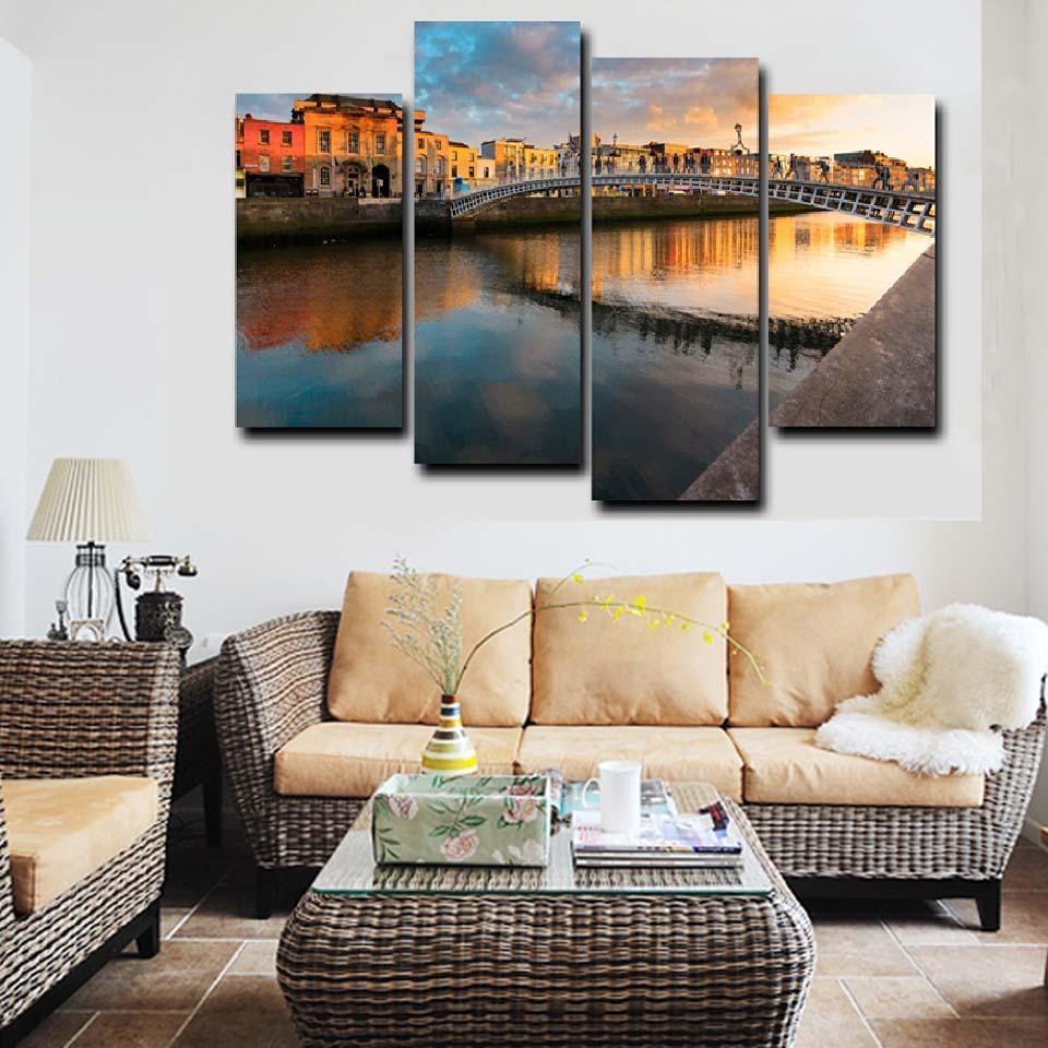 Modern Citys Bridge Lake 4 Piece HD Multi Panel Canvas Wall Art Frame-Original Frame