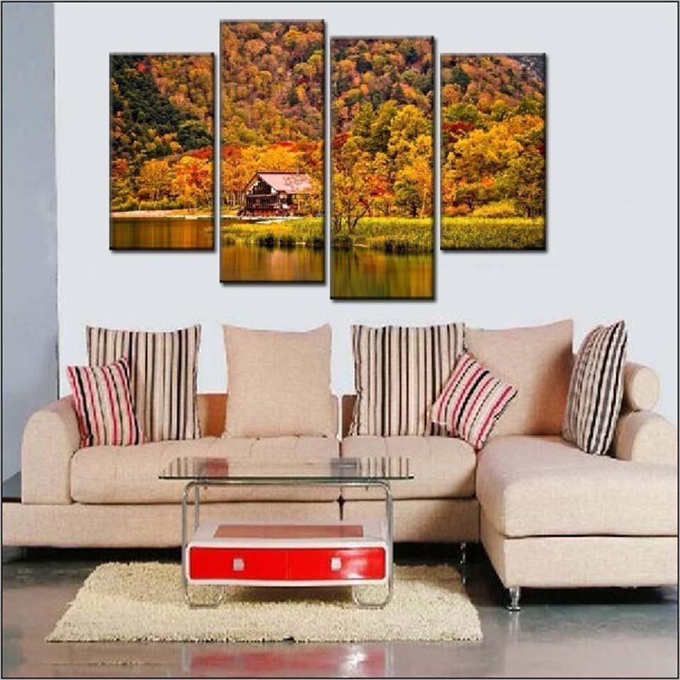 Mountain Forest House 4 Piece HD Multi Panel Canvas Wall Art Frame-Original Frame