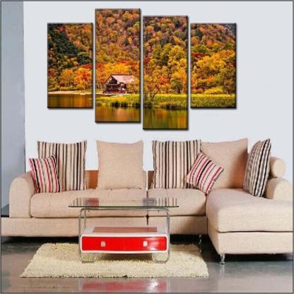 Mountain Forest House 4 Piece HD Multi Panel Canvas Wall Art Frame-Original Frame