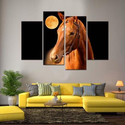 Moon And Horse 4 Piece HD Multi Panel Canvas Wall Art Frame-Original Frame