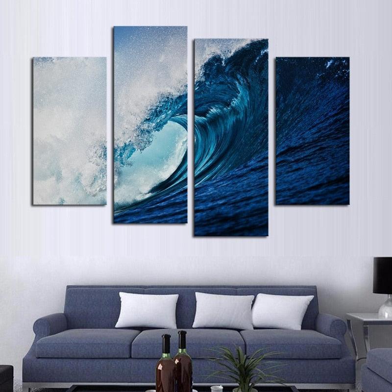 Blue Sea Waves 4 Piece HD Multi Panel Canvas Wall Art Frame-Original Frame