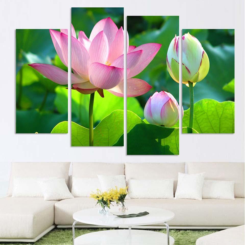 Pink Lotus Flowers 4 Piece HD Multi Panel Canvas Wall Art Frame-Original Frame